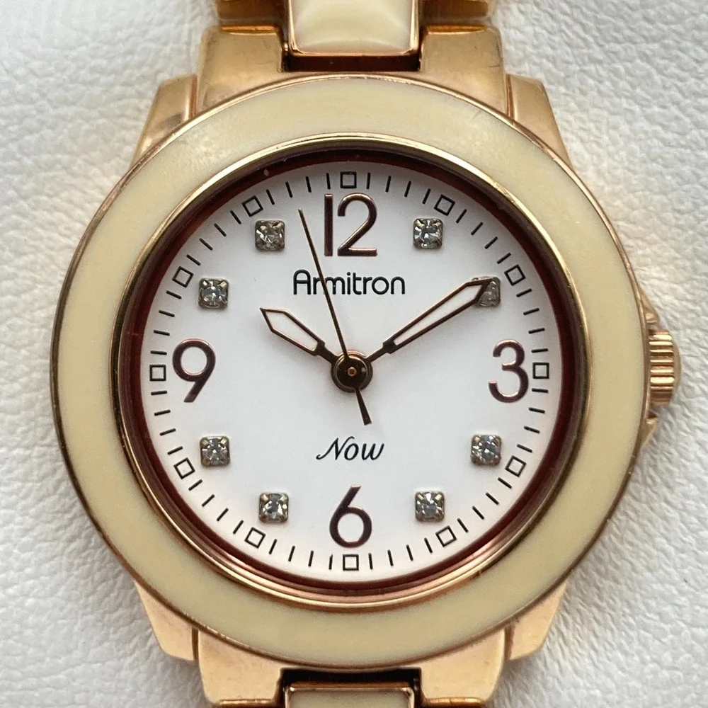 Armitron Women's Watch 27mm Rose Gold Tone Ivory Enamel New Battery SMALL 5.75